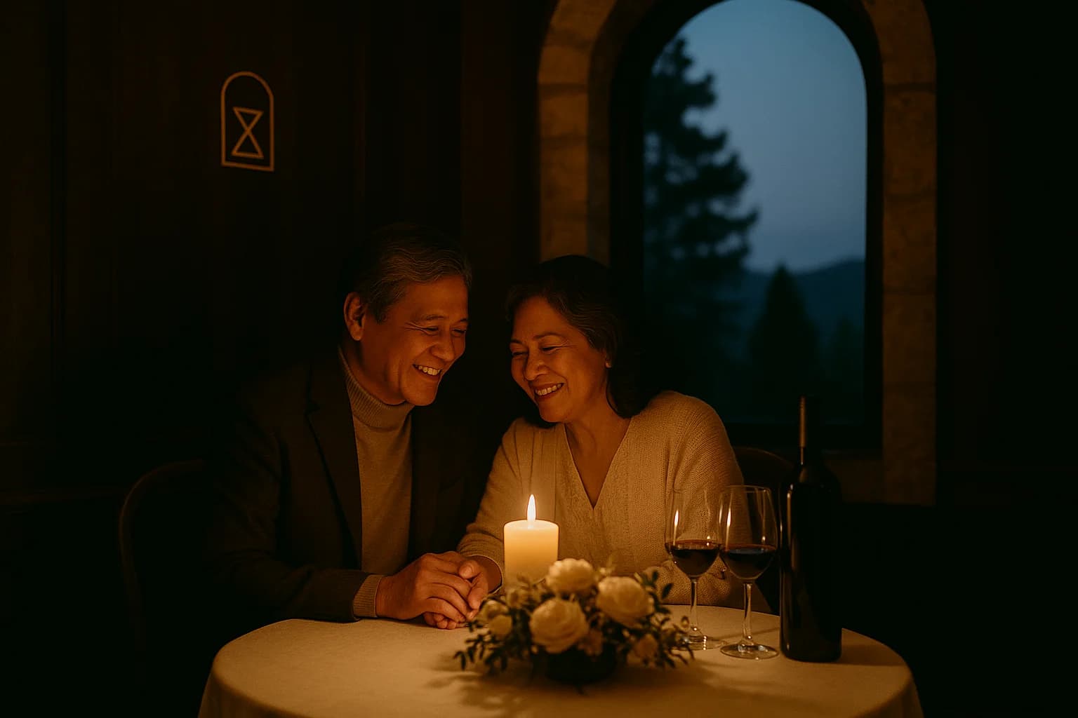 An older couple at a candlelit private dining table, a bottle of wine between them, pine forest dark beyond the arched window