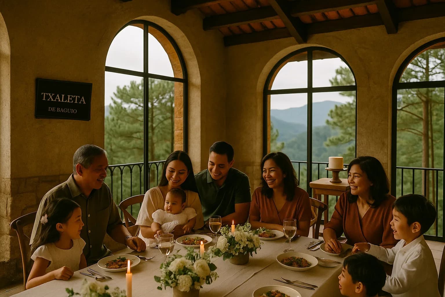 Three generations of a Filipino family at a christening lunch, arched windows opening onto pine forest