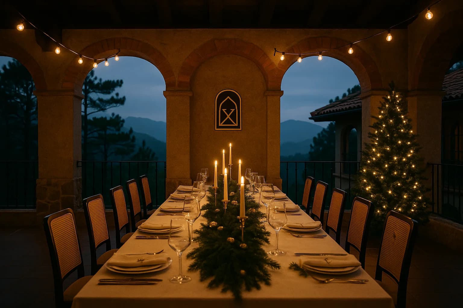 A long banquet table dressed for a company Christmas party, brass candlesticks and pine garlands, festoon lights glowing over a terrace at dusk