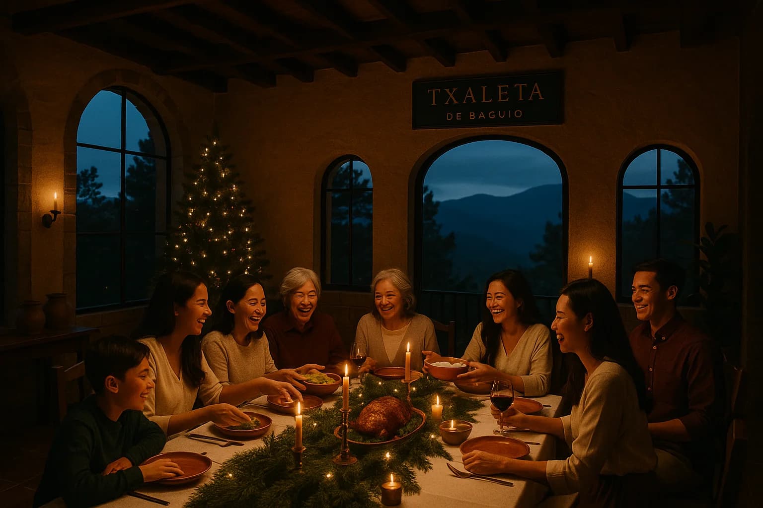 A family Christmas dinner by candlelight, pine garlands on the table and dark mountains through the arched windows