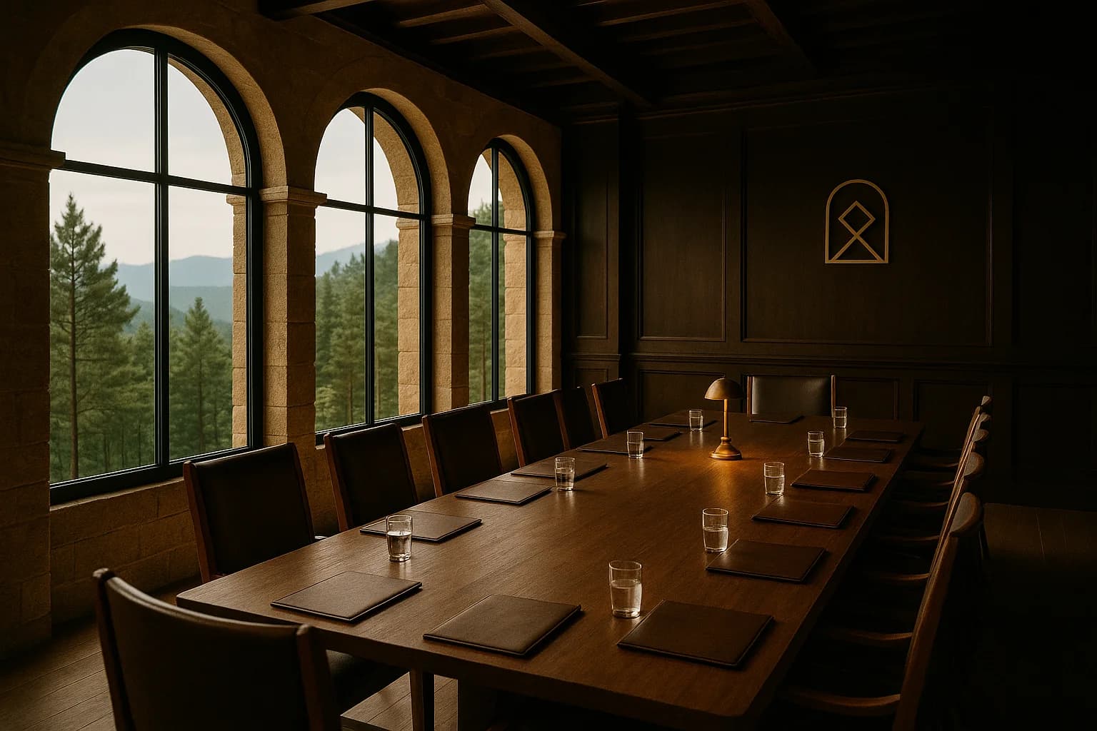 A boardroom set for an offsite, long timber table and arched windows looking out over pine forest