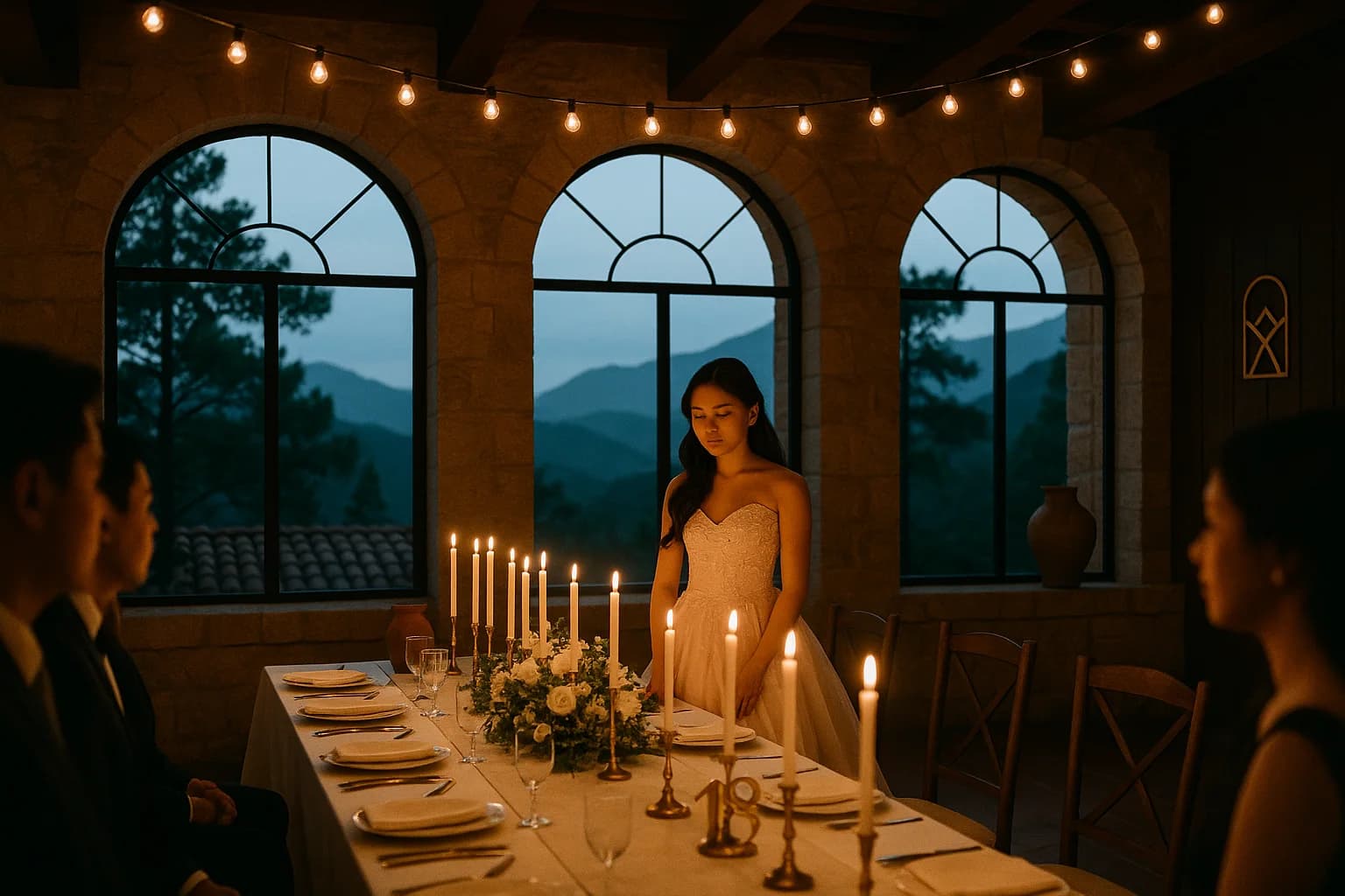 A debutante in a formal gown standing before eighteen lit candles on a long table, arched windows and pine forest beyond