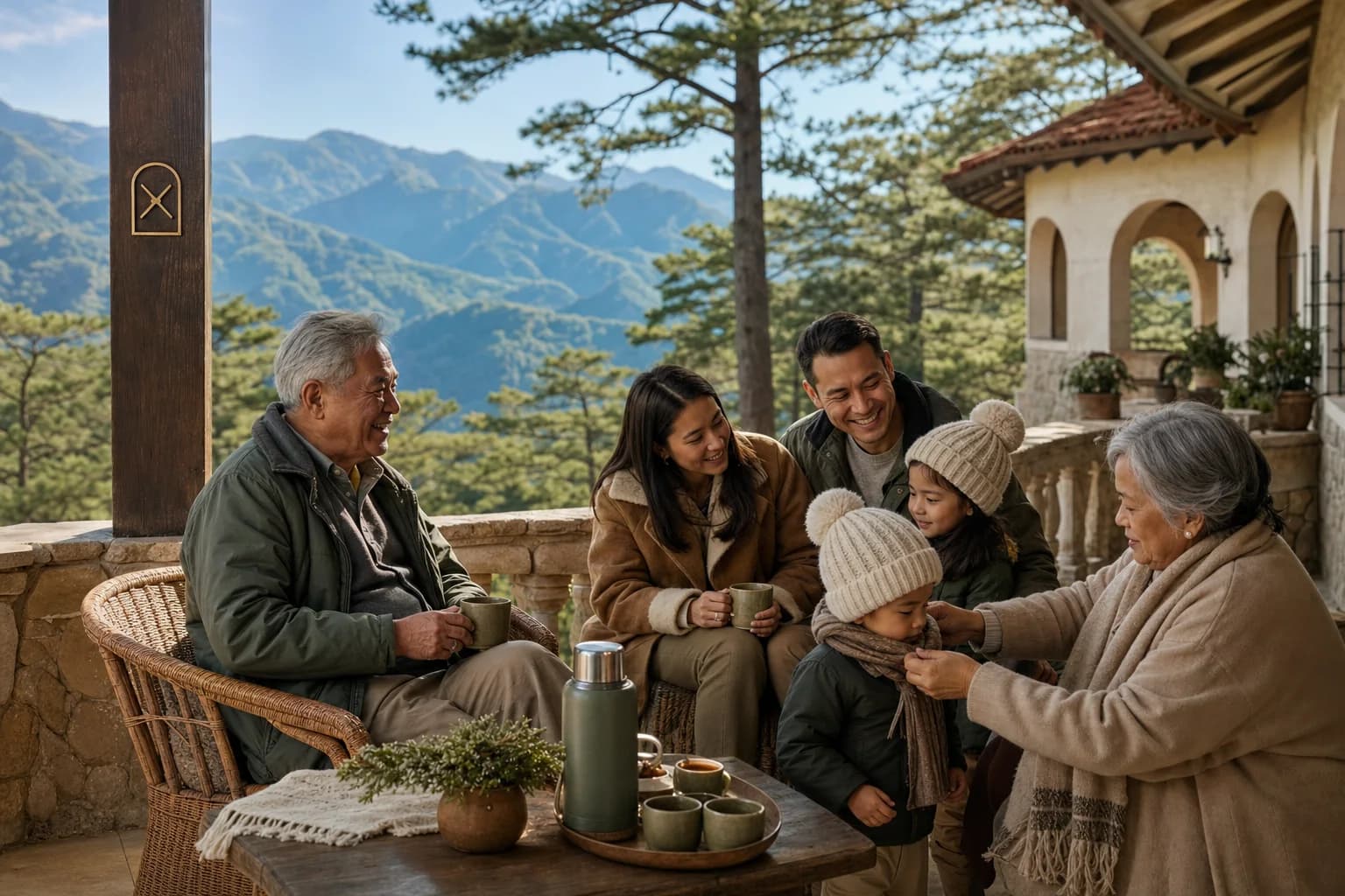 Grandparents, parents and two small children in warm jackets on a sunny terrace, a thermos on the table and pine-covered ridges behind them