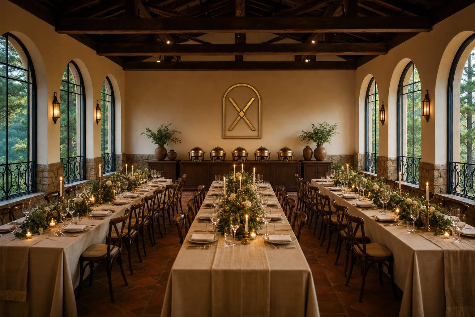 An empty private function room set for a banquet of forty, long tables in cream linen under dark timber beams, arched windows onto pine forest