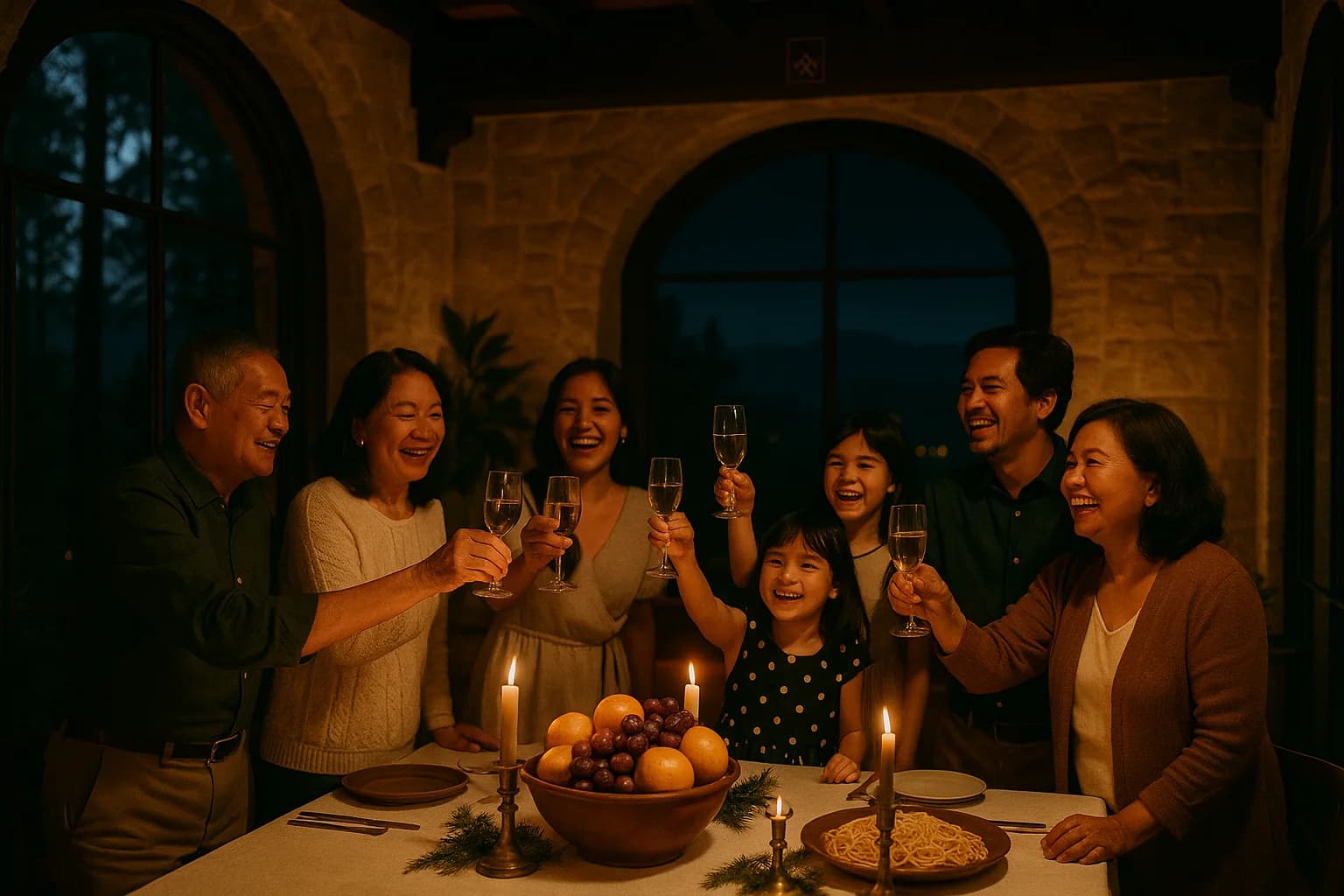 A family Media Noche table near midnight, a bowl of round fruits among the candles and pine forest dark beyond the arched windows