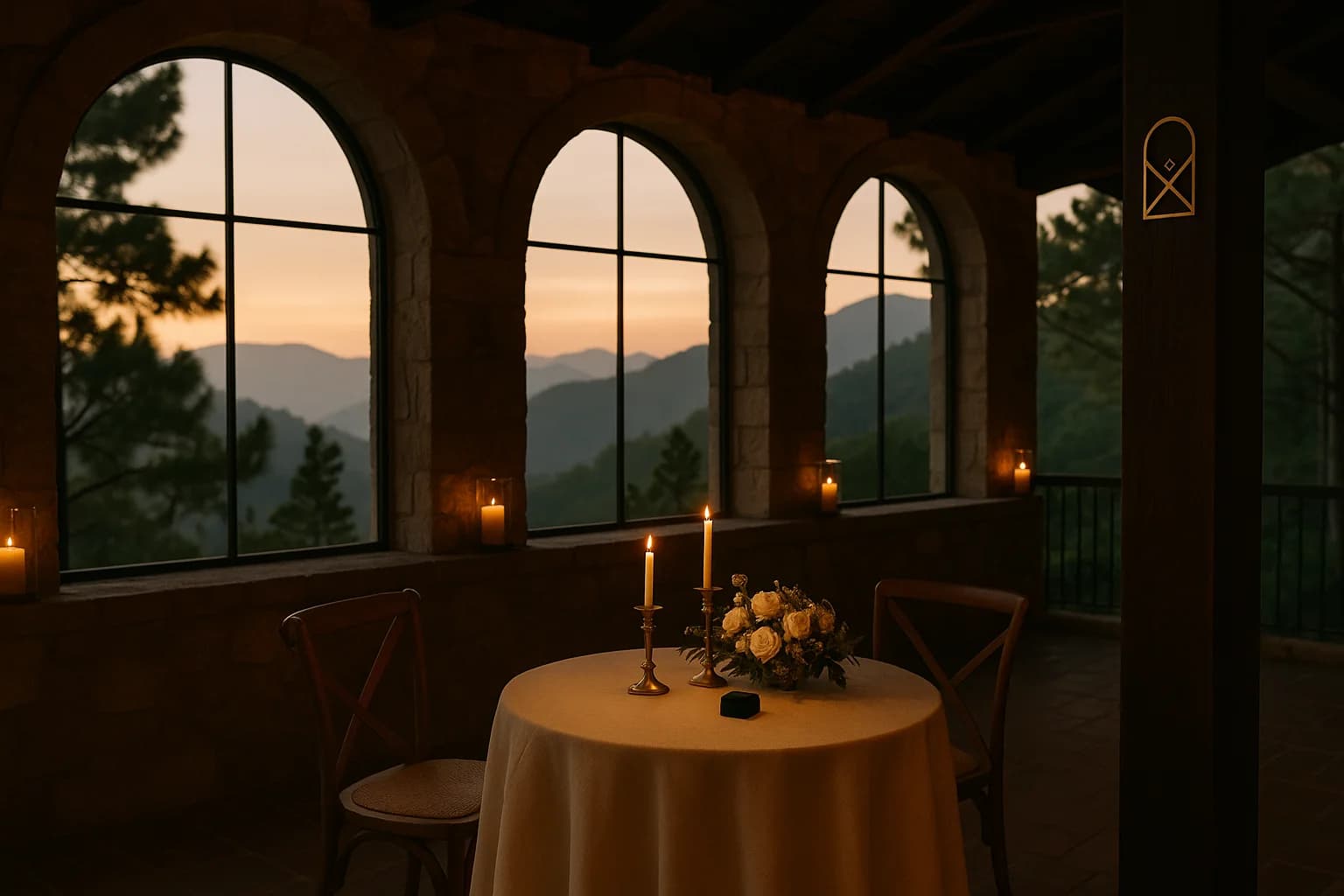 A terrace table set for two at dusk, candles lit and a single ring box on the linen, pine-covered ridges fading into the evening