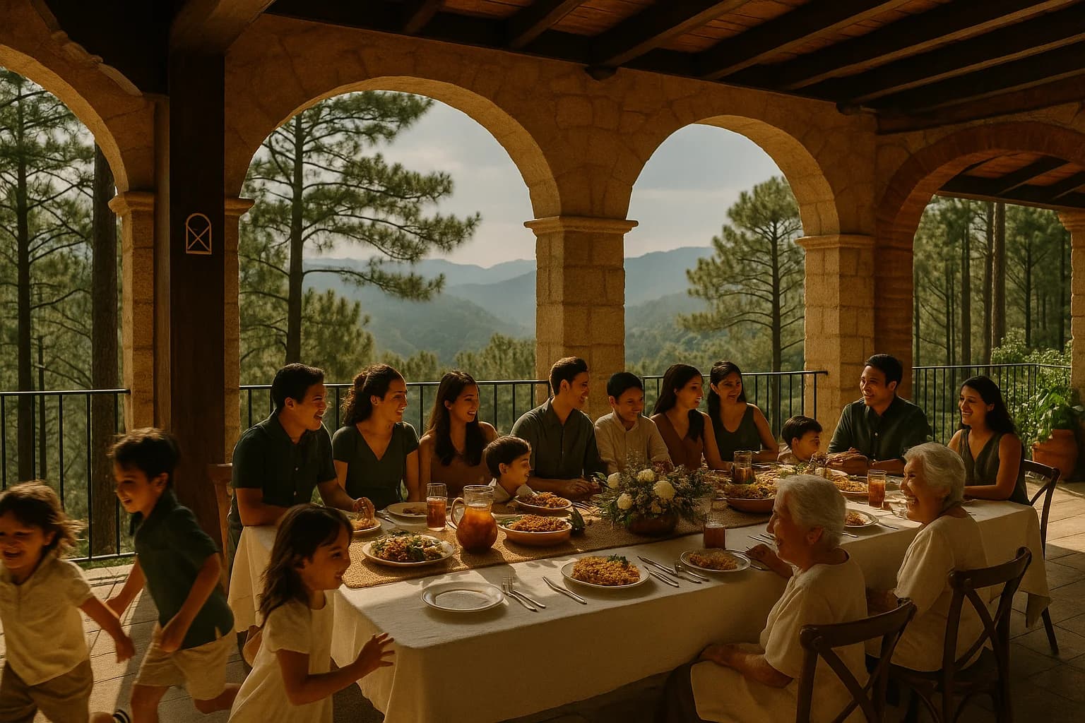 Four generations of an extended family at a long lunch table, children running at the edges, pine forest through arched windows