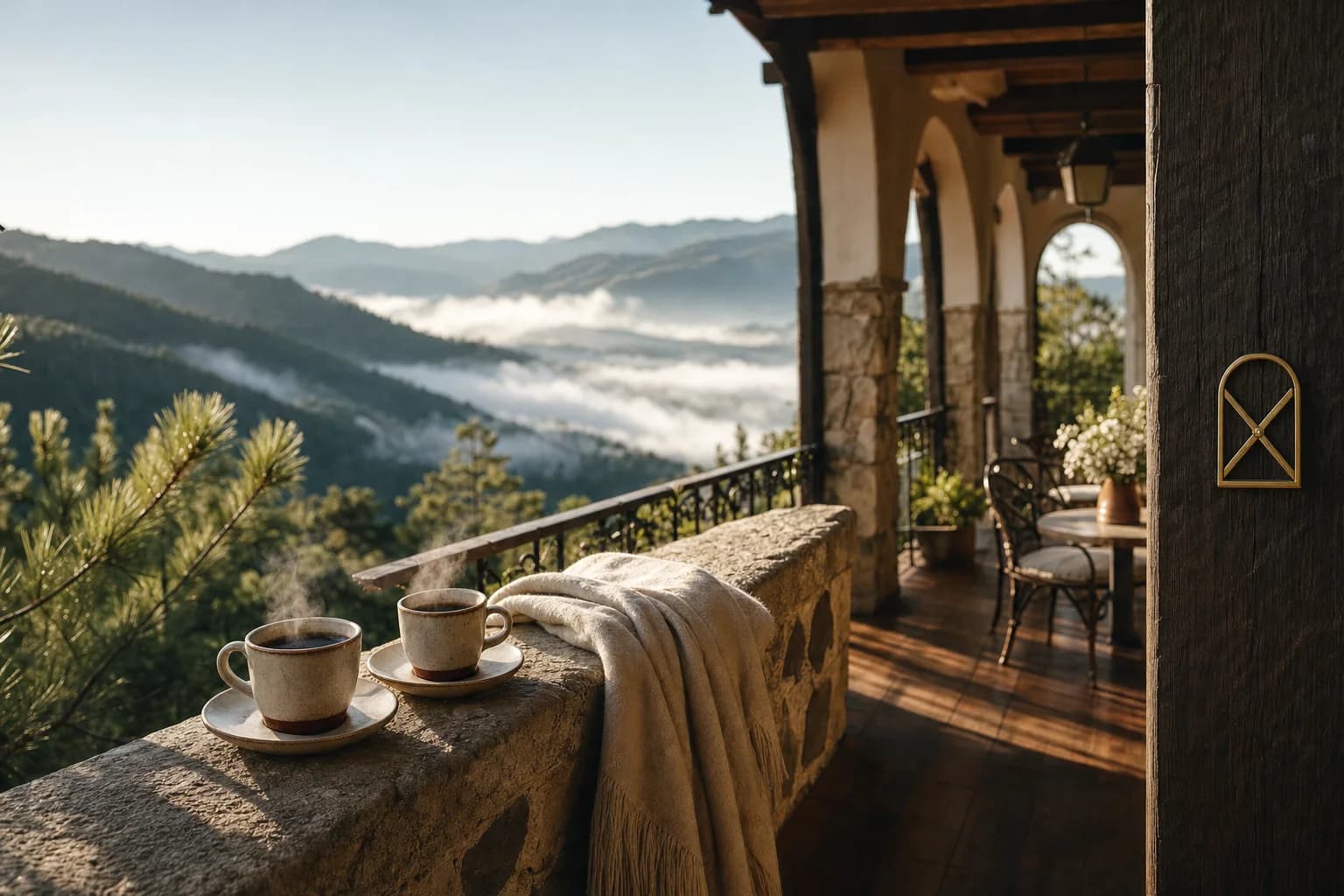 Two cups of coffee steaming on a stone ledge on a clear, cold morning, mist lifting off the pine-covered ridges below