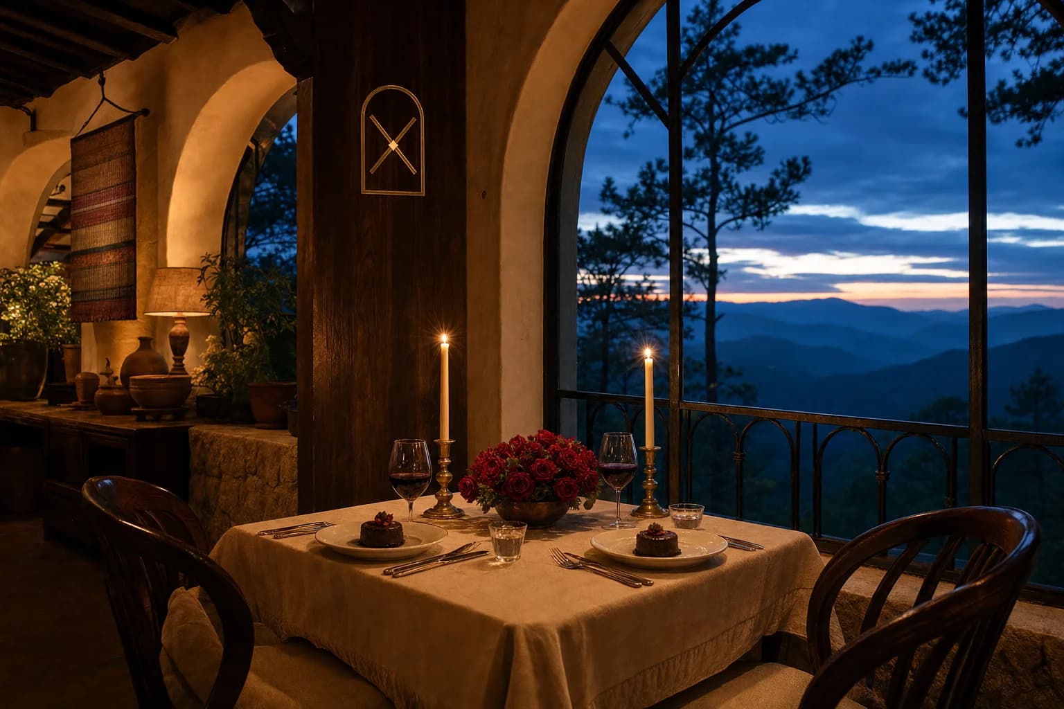 A candlelit table for two by a tall arched window, red roses and wine on cream linen, pine ridges fading into blue dusk outside