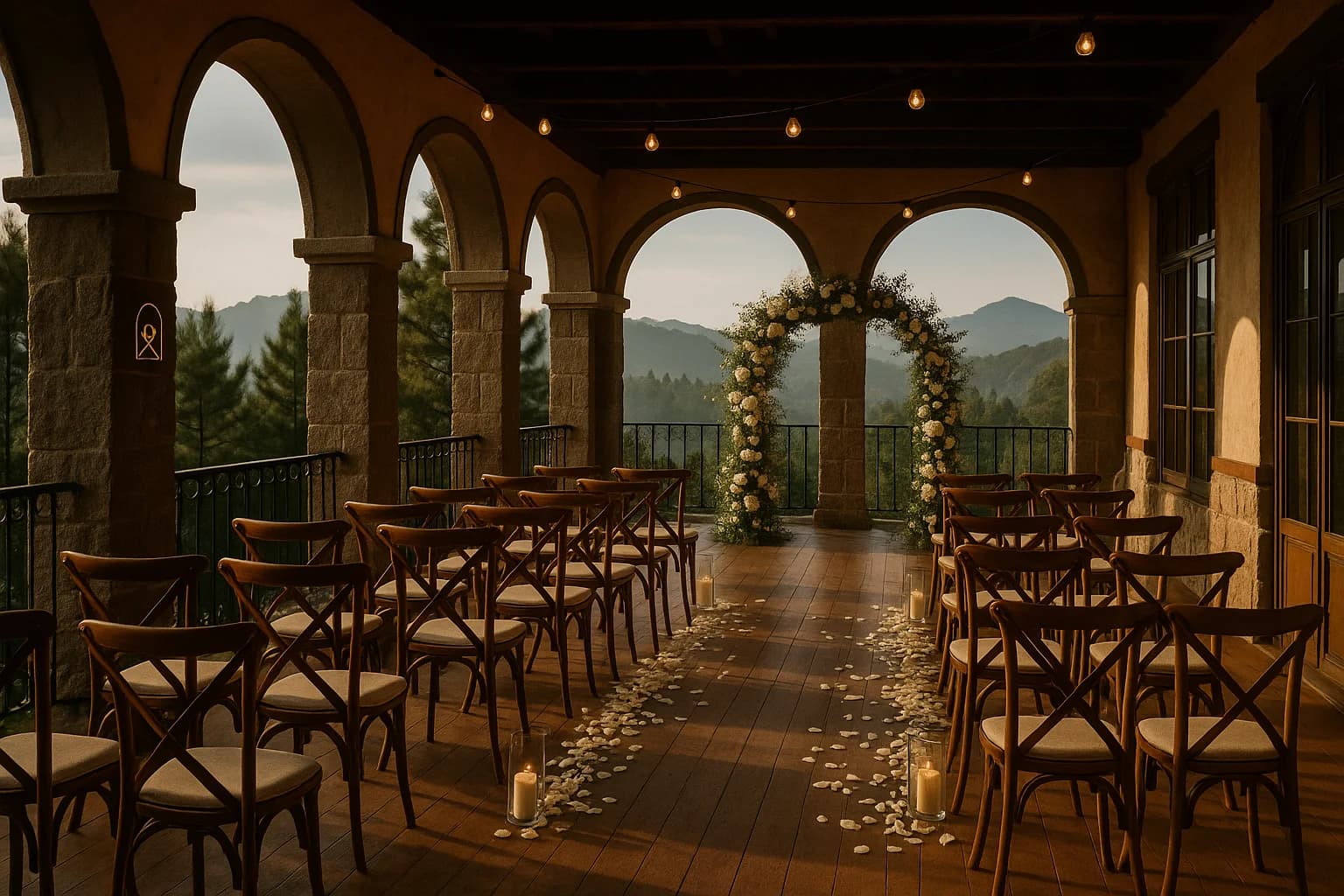 An alfresco wedding ceremony set under stone arches, chairs facing a floral arch with the Cordillera ridges beyond